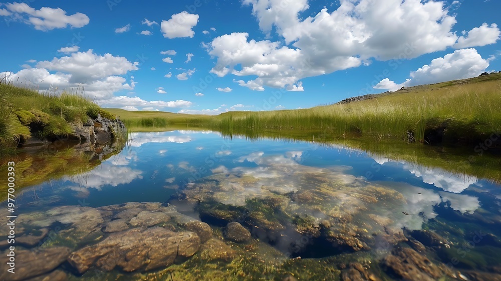 Crystal clear water a blue sky and clouds reflected in an underground grassland Crystal clear water a blue sky and clouds reflected in an underground grassland