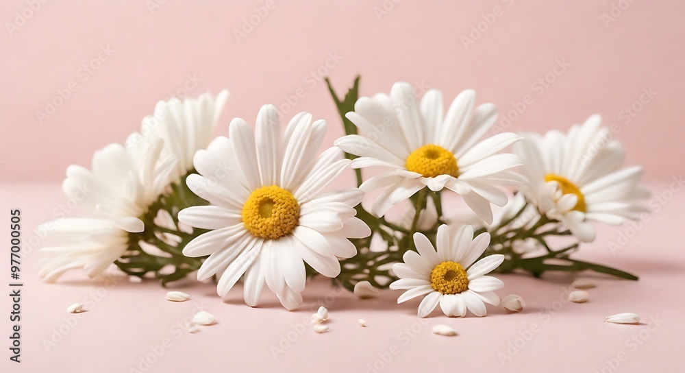 Obraz premium Minimal styled concept. White daisy chamomile flowers on pale pink background. Creative lifestyle, summer, spring concept. Copy space, flat lay, top view 