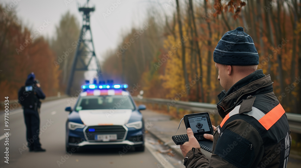 A european border control officer checks documents at a checkpoint between two european countries, while a traveler waits nearby, nervously waiting for the outcome. A european border control officer checks documents at a checkpoint between two european countries, while a traveler waits nearby, nervously waiting for the outcome.