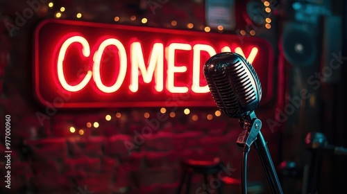 The comedy stage was illuminated by a spotlight, with a microphone and a red neon sign reading COMEDY. photo