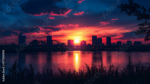 A vibrant sunset over a cit...