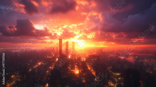 A vibrant sunset over a cit...