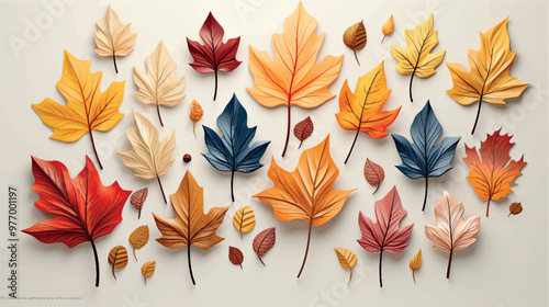 Bright multi-colored autumn maple leaves are laid out on a white background. Leaf pattern background design. Autumn fallen leaves background. Art leaves pattern. Colorful autumn bouquet.