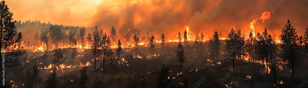 A dramatic landscape engulfed in flames, showcasing intense wildfire activity among scorched trees beneath a smoky, orange sky. A dramatic landscape engulfed in flames, showcasing intense wildfire activity among scorched trees beneath a smoky, orange sky.