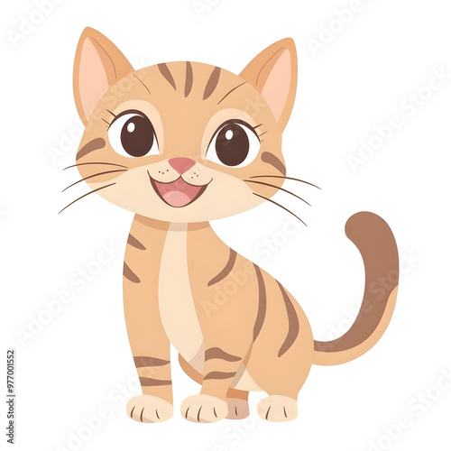 A Cheerful Cartoon Cat with a Wagging Tail on a White Background