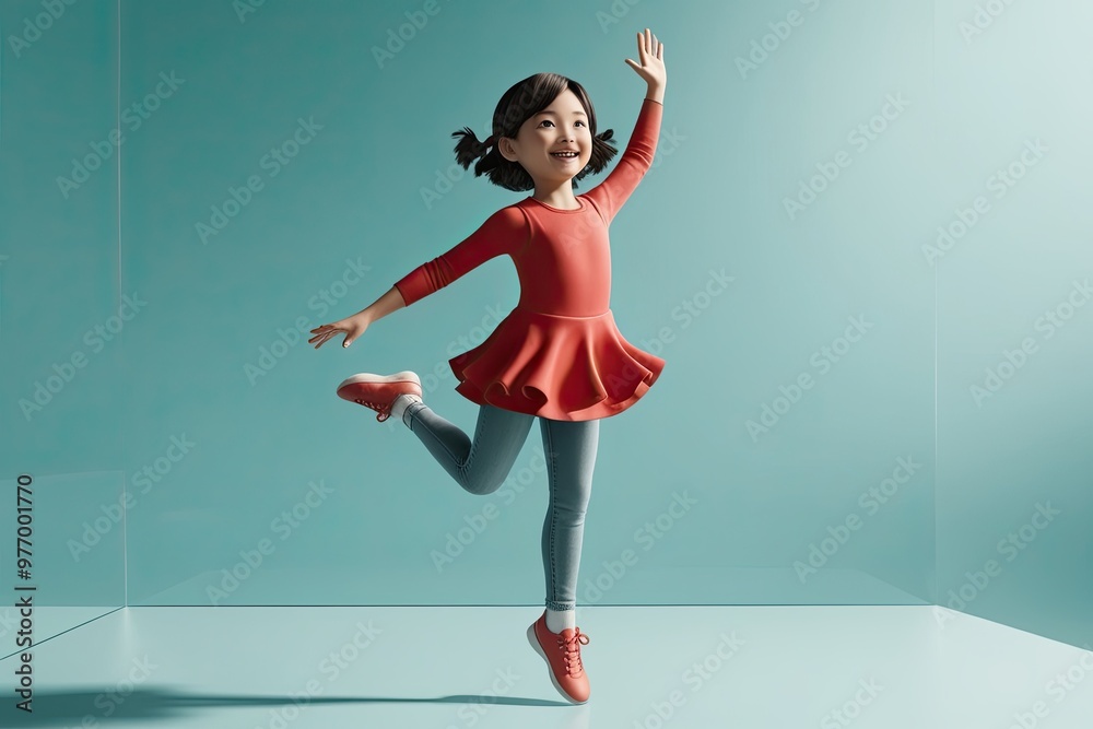Vibrant 3D Modeled Girl Joyfully Dancing in Colorful Jumper on Bright Background Vibrant 3D Modeled Girl Joyfully Dancing in Colorful Jumper on Bright Background
