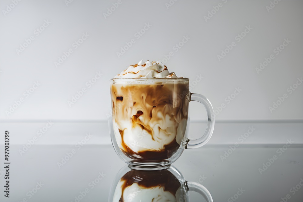 Glass mug with iced coffee and cream swirls on reflective surface, white background Glass mug with iced coffee and cream swirls on reflective surface, white background