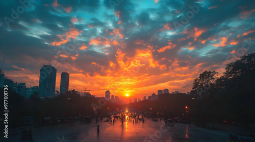 A vibrant sunset over a cityscape with people walking in the foreground.