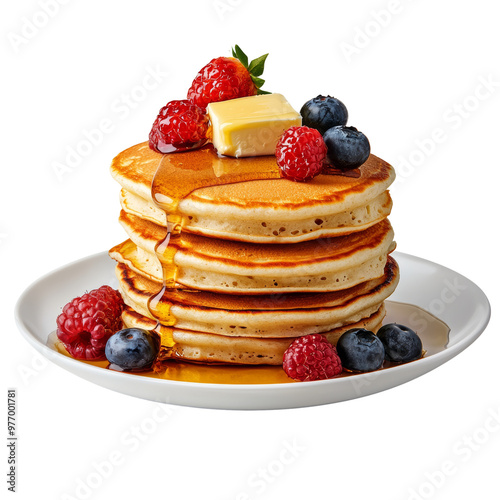 Delicious pancakes topped with butter, syrup, and fresh berries