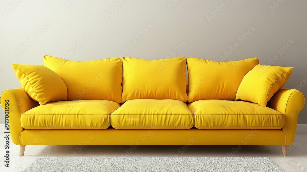 Fototapeta premium Modern minimalist apartment interior design, living room with bright yellow soft sofa. 3d rendering