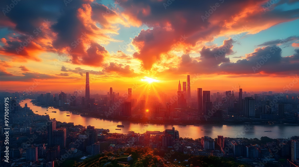 A vibrant sunset over a modern cityscape with a river flowing through it.