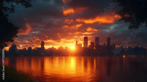 A vibrant sunset over a cityscape, with the sun setting behind the skyscrapers, casting a warm glow on the water.