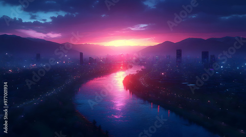 A vibrant sunset over a fut...