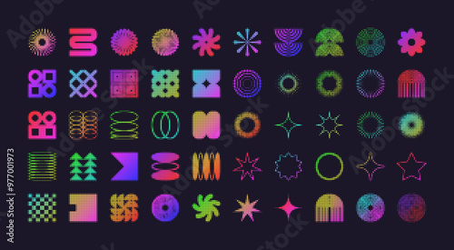 Brutalist geometric shapes, modern symbols with halftone effect. Colorful neon simple primitive elements and forms. Retro design, trendy contemporary minimalist style, y2k. Vector illustration