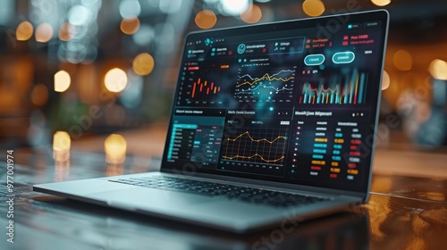Open laptop displaying financial graphs and charts in a modern office setting with a bokeh background, showcasing data analysis.