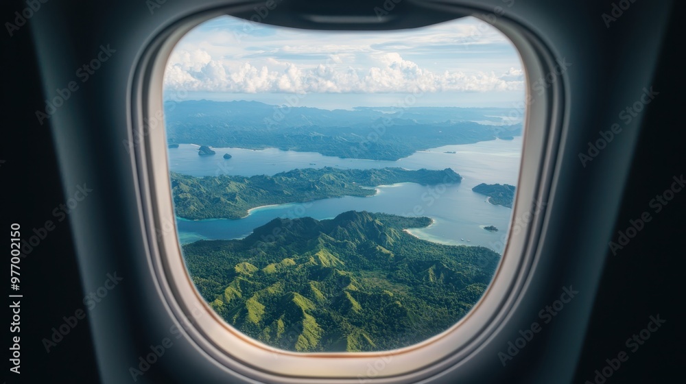 Aerial Adventure: Wanderlust Journey to Exotic Destination - Airplane Window View with Luggage, Copy Space, Ultra HD Quality
