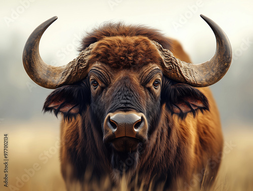 Close up portrait of African buffalo in savannah, wildlife photography photo