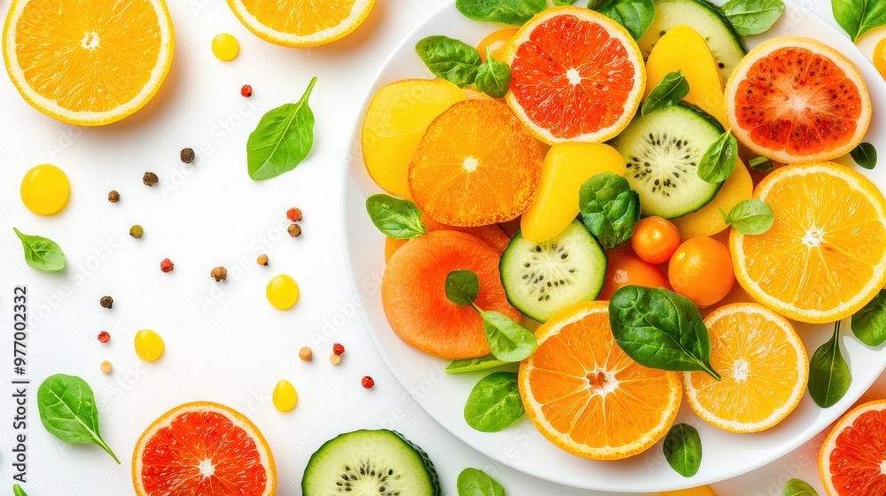 Fresh Citrus Fruits Salad with Spinach and Cucumber on White Background Fresh Citrus Fruits Salad with Spinach and Cucumber on White Background