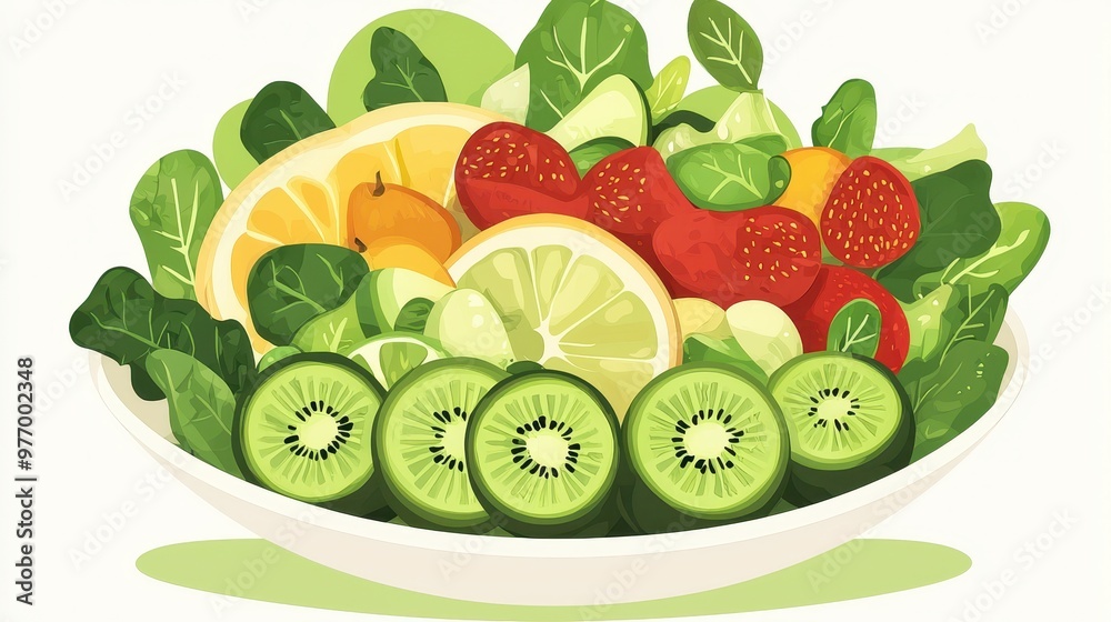 Naklejka premium Fresh Fruit Salad in Bowl with Kiwi Lemon Orange and Strawberry Slices