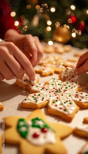Creating Holiday Memories Hands Decorating Festive Cookies with Sparkling Bokeh Lights
