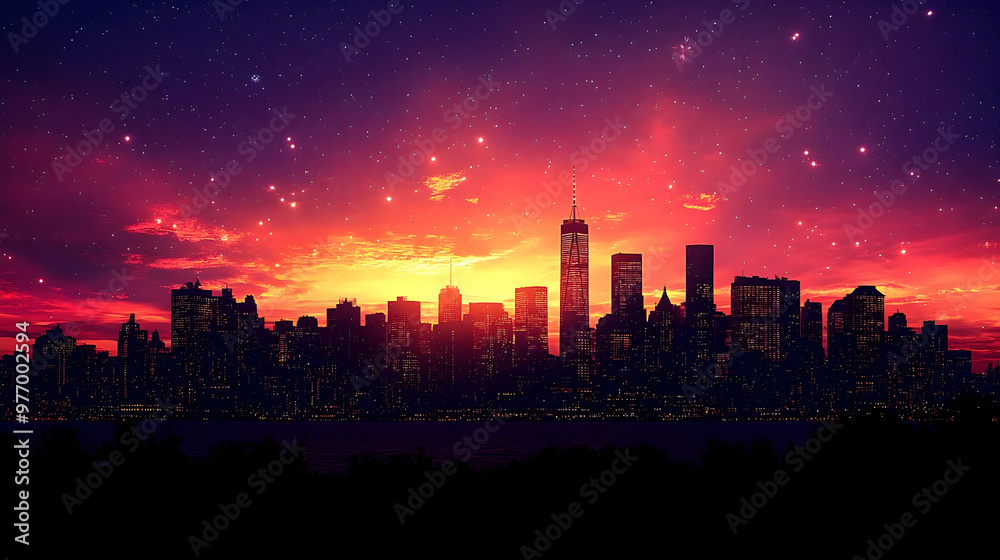 Fototapeta premium A vibrant sunset sky over a city skyline with twinkling lights and a starry night sky.