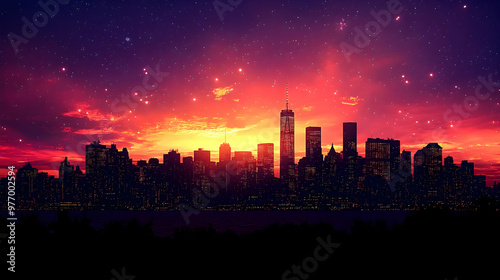 A vibrant sunset sky over a city skyline with twinkling lights and a starry night sky.