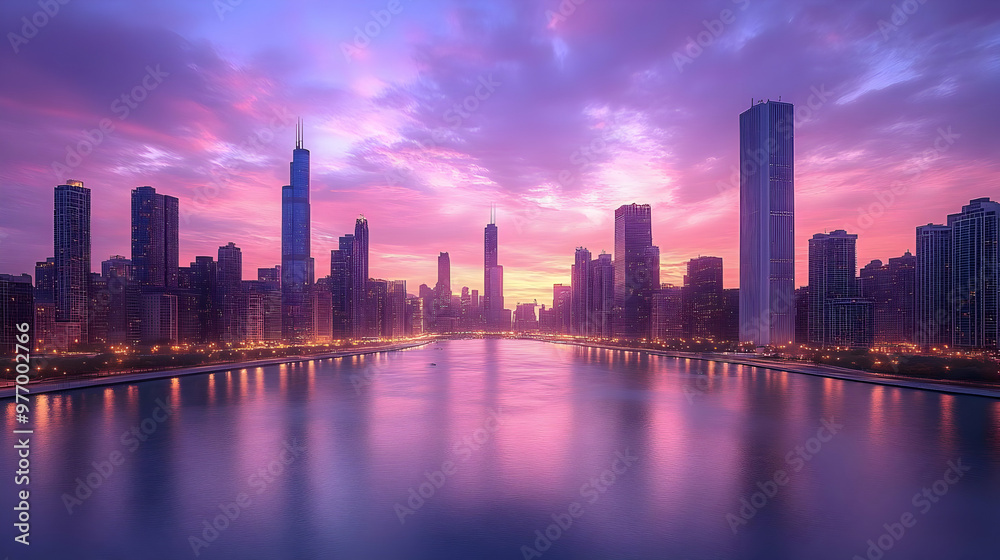 Fototapeta premium A vibrant, colorful sunset illuminates a modern city skyline with skyscrapers reflected in the water.