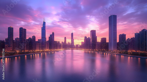 A vibrant, colorful sunset illuminates a modern city skyline with skyscrapers reflected in the water.