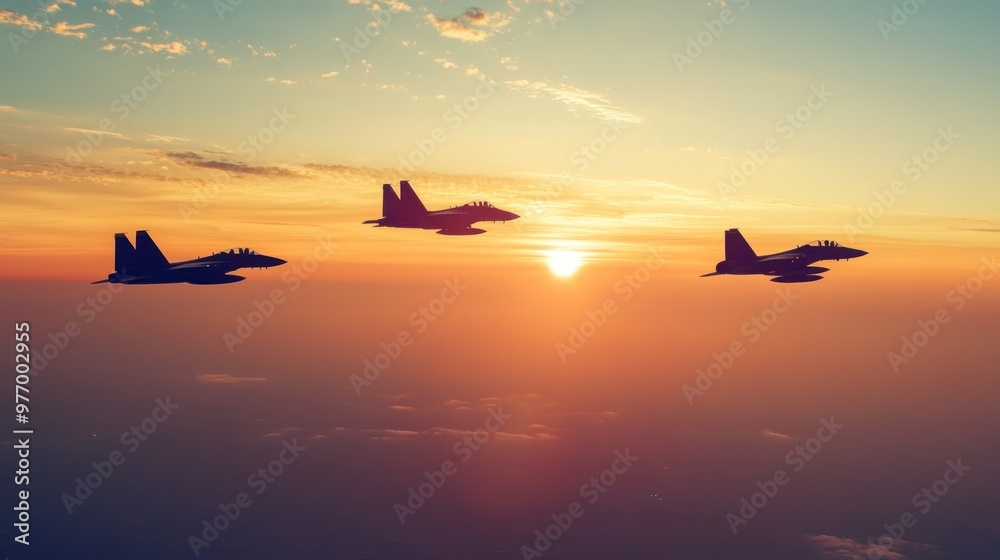 Three fighter jets flying in formation during a colorful sunset. Three fighter jets flying in formation during a colorful sunset.