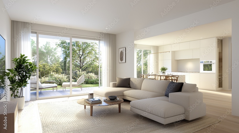 Fototapeta premium Modern Living Room Interior Design with Sectional Sofa and Garden View