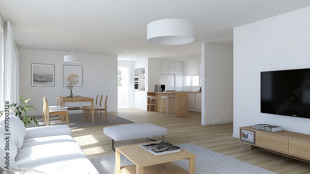 Modern Open Plan Living Room Interior Design with Wooden Furniture and White Walls Modern Open Plan Living Room Interior Design with Wooden Furniture and White Walls