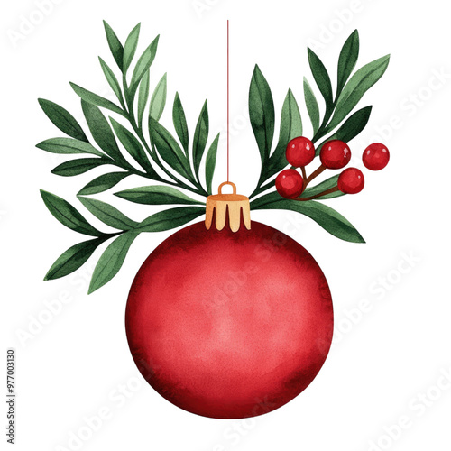 Festive red ornament decorated with greenery and berries, perfect for Christmas celebrations and holiday designs. Isolated on Transparent Background