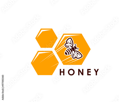 Honey bee icon for beekeeping and apiary products, vector honeycomb emblem. Beekeeper farm and apiary honey food sign with bee in honeycomb for jar package and beehive products and food label tag