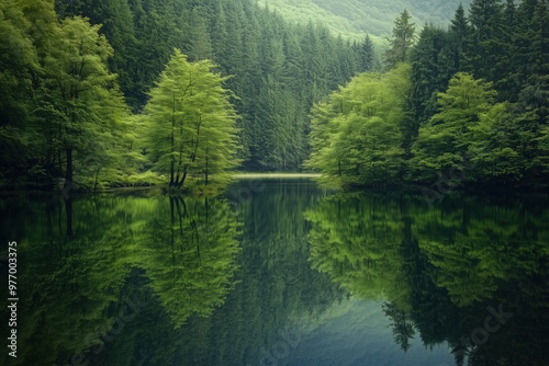 Peaceful Lake Surrounded by Pine Trees with a Cool, Fresh Atmosphere
