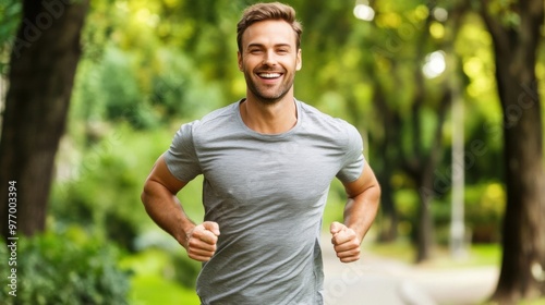 A man in a grey shirt is running down the street, AI