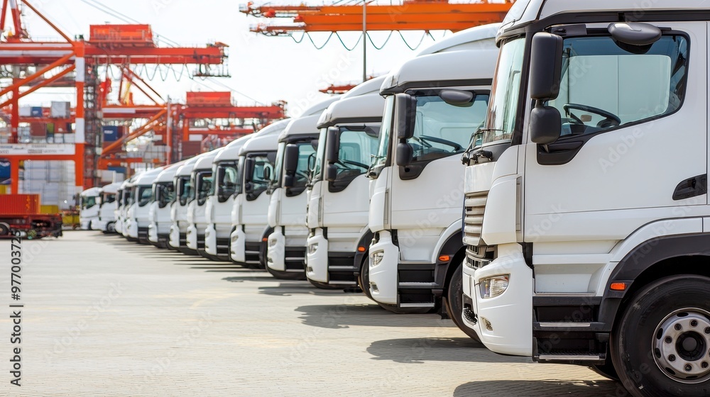 Fototapeta premium Row of White Semi Trucks at a Port