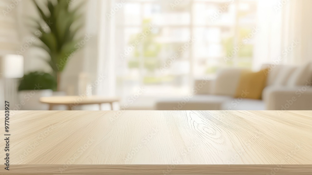 Wooden Tabletop with Blurred Living Room Background Wooden Tabletop with Blurred Living Room Background