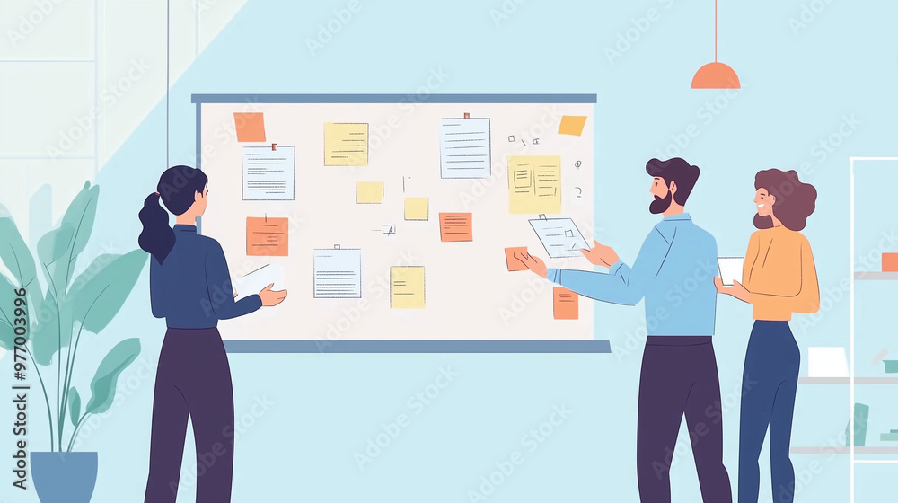 Fototapeta premium Business professionals collaborating on a project in a modern office setting, discussing strategy and data analysis for corporate growth and teamwork success.