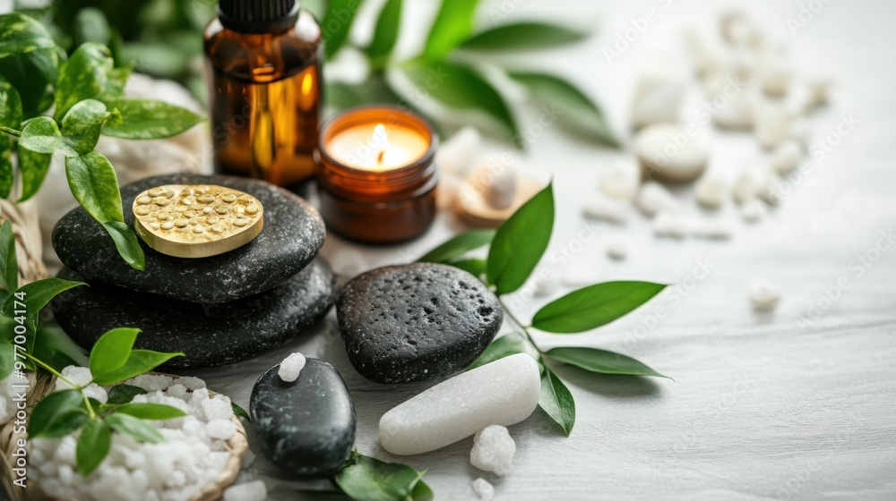 A close up of a spa setting with stones, candles and plants, AI A close up of a spa setting with stones, candles and plants, AI