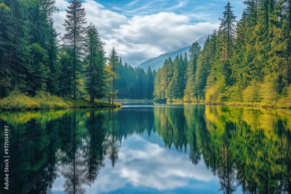 Quiet Forest Lake with a Mirror-Like Reflection of Trees and Sky Quiet Forest Lake with a Mirror-Like Reflection of Trees and Sky