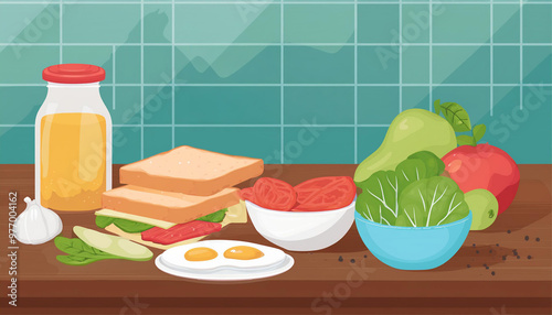 Morning breakfast ingredients for sandwich laying on kitchen table concept. Vector flat cartoon graphic design illustration photo