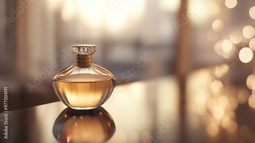 A single bottle of perfume, with a golden cap and a delicate crystal stopper, sits on a reflective surface against a blurred background of bokeh lights.