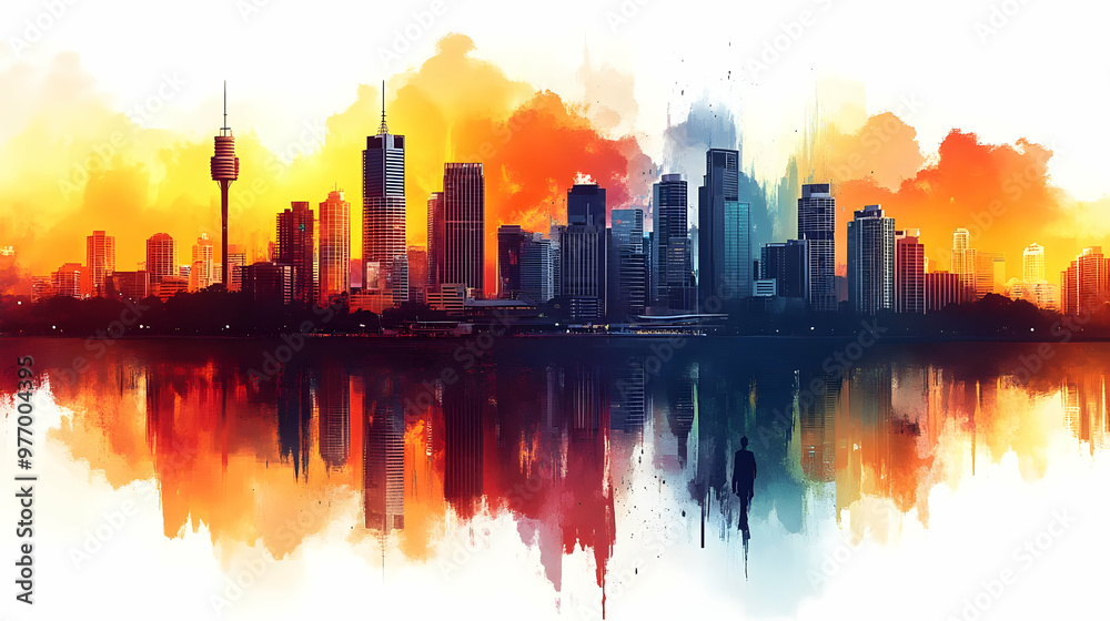 Fototapeta premium A watercolor painting of a city skyline with a reflection in the water.