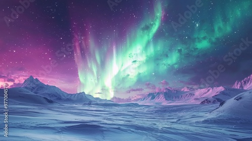 Mesmerizing Aurora Borealis Dance Over Serene Arctic Landscape With Snowy Mountain Range and Frozen