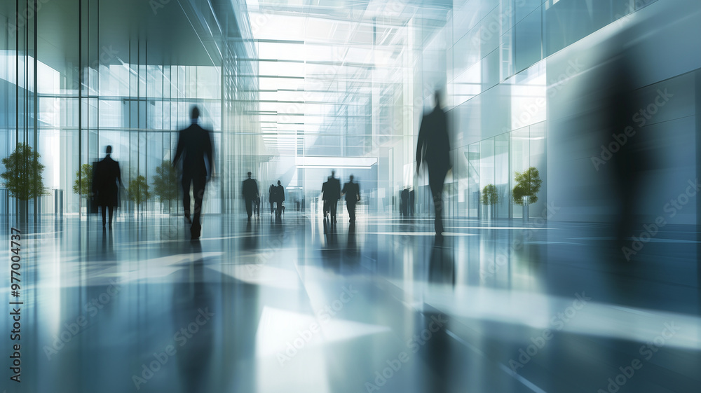 Blurry motion of business people walking through modern office space, creating dynamic and energetic atmosphere. sleek architecture enhances professional environment Blurry motion of business people walking through modern office space, creating dynamic and energetic atmosphere. sleek architecture enhances professional environment