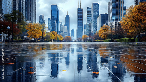 A wet city street with a ro...