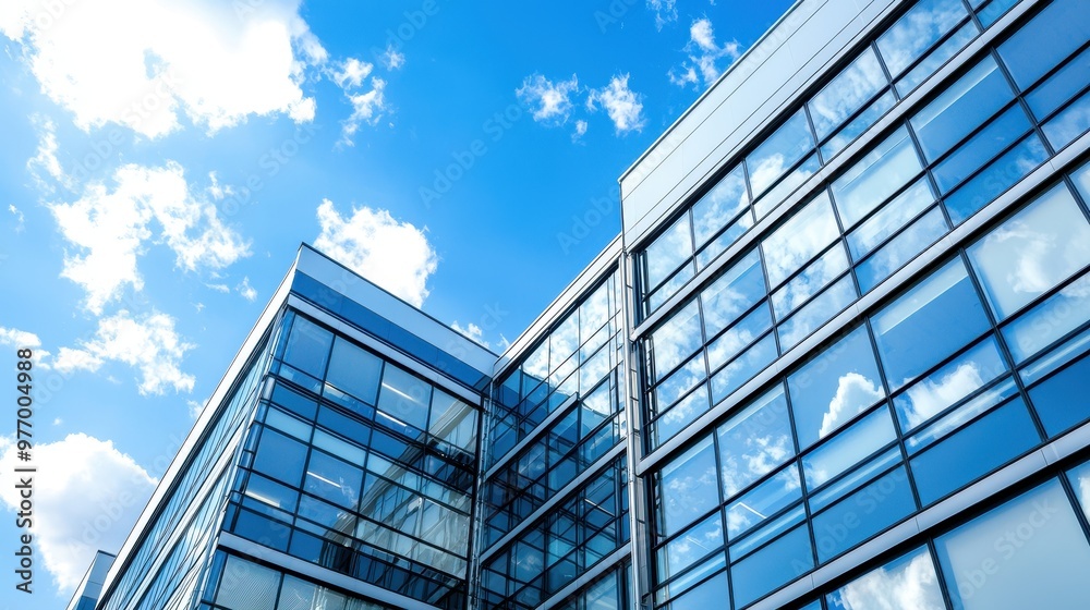 Modern Office Building Facade with Blue Sky and Clouds Reflection Modern Office Building Facade with Blue Sky and Clouds Reflection