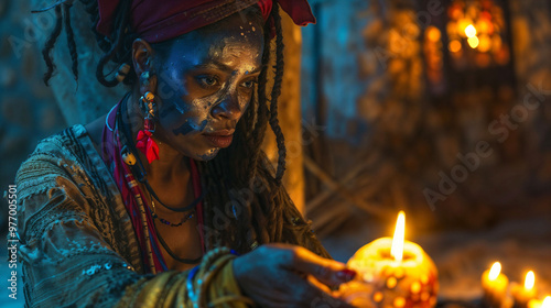 Portrait of a black woman with face paint and dreadlocks in candlelit setting. Mystical ambiance with colorful jewelry and headdress. Spiritual ceremony with atmospheric lighting