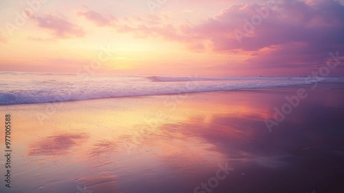 Serene Beach Horizon at Dawn with Soft Pastel Reflections