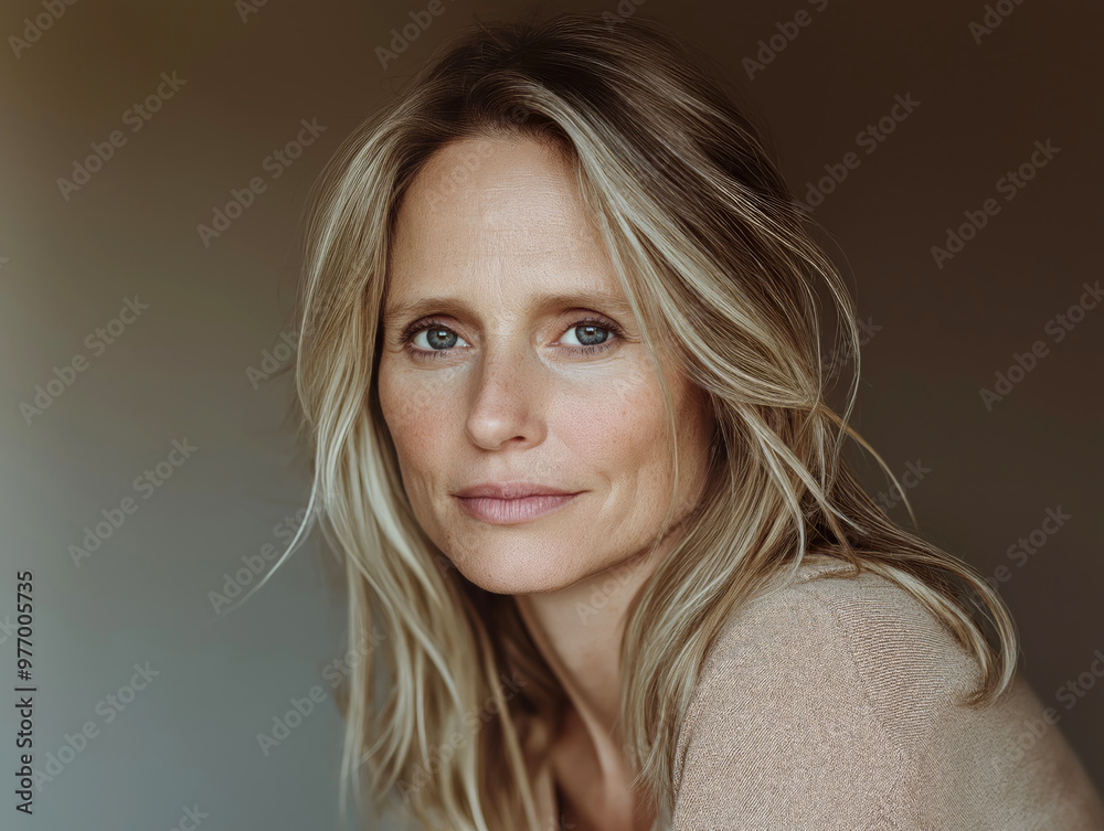 Fototapeta premium Natural Portrait of a Confident Woman with Blonde Hair in Minimalist Lighting, Expressing Strength and Simplicity